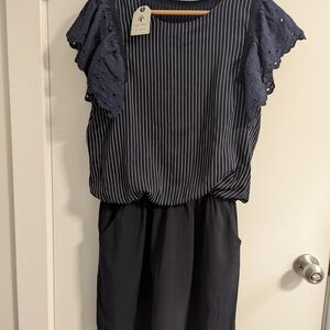 Navy Striped Dress with Eyelet Sleeves